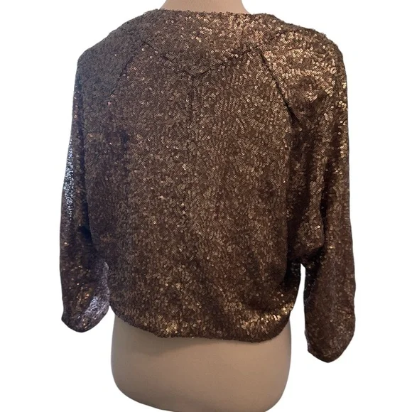 Stitch & Knot Sequin Cropped Jacket Brown Open Front Lined Cardigan Long Sleeves - Picture 4 of 5